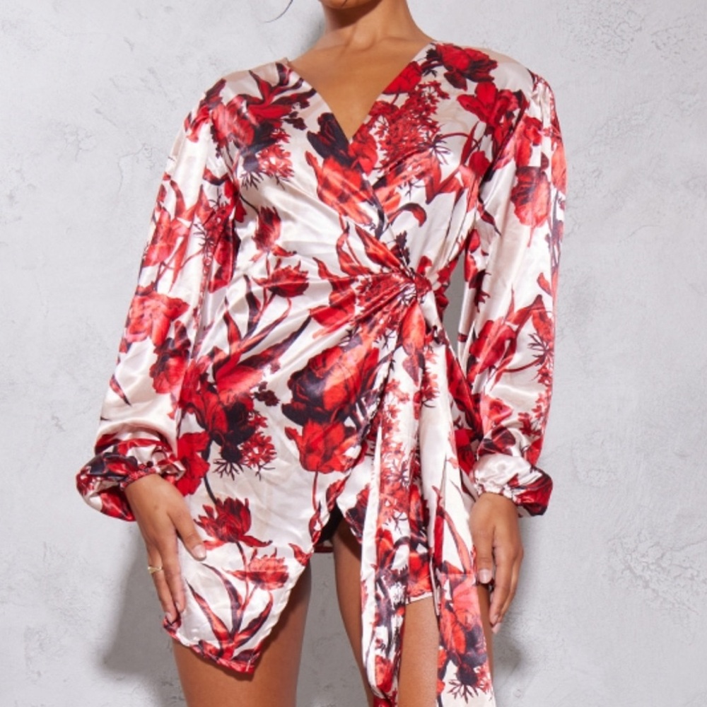 Multi Floral Print Wrap Puff Sleeve Shift Dress